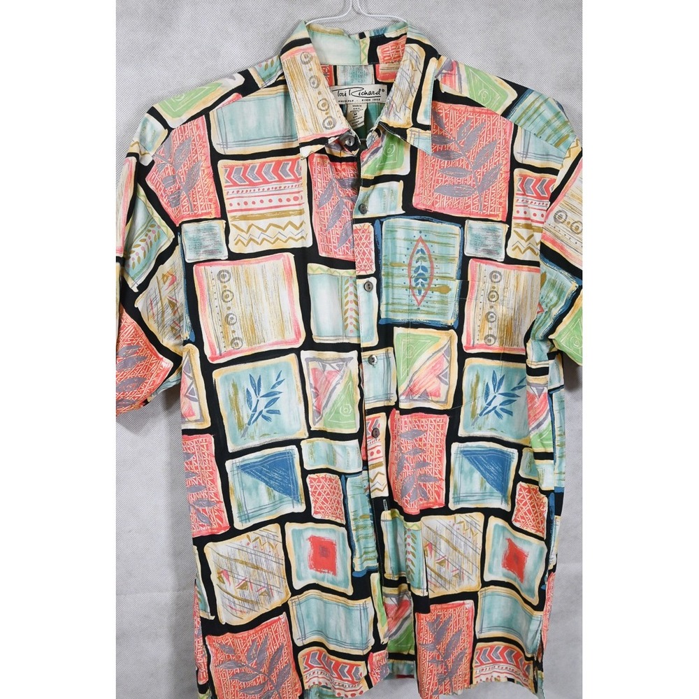 Tori Richard Mens Cotton Lawn Aloha Shirt Geometric Abstract Block Print Medium